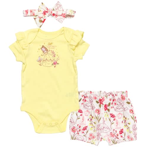 Disney Princess Ariel Belle Tiana Baby Girls Bodysuit Bubble Shorts and Headband 3 Piece Outfit Set Newborn to Infant