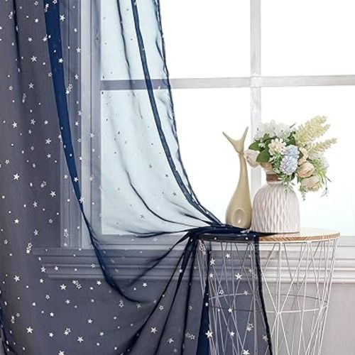 WUBODTI Semi Sheer Star Curtains Set of 2 Panels 63 Inch Length, Kids Bedroom Navy Starry Moon Transparent Window Curtain Rod Pocket Sparkly Space Theme Drapes for Boys Baby Room, Navy Blue