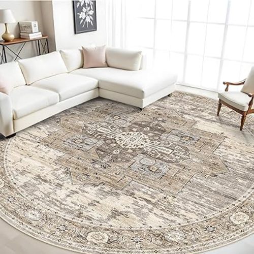 RUUGME 9ft Round Area Rug - Large Boho Rugs for Living Room Stain Resistant Carpet Vintage Tribal Rugs for Bedroom Kitchen Bathroom with Non Slip Backing Home Decor Floor Decoration Mat 9ft Beige