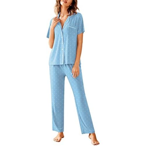 Avidlove Women Pajamas Set Notch Collar Soft Sleepwear Pjs Short Sleeve Button Down Nightwear with Long Pants