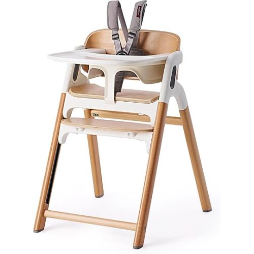 Momcozy DinerPal Wooden High Chair for Babies, Toddlers & Adults Up to 308 Lbs, Convertible Baby Highchair with Food-Grade Tray, Dishwasher-Safe, Adjustable & Ergonomic, Natural Wood