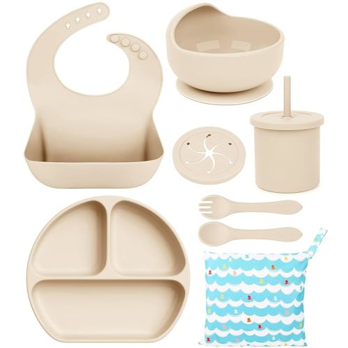 Silicone Baby Feeding Set, Complete Baby Led Weaning Supplies Bpa Free, 8 Pack Baby Eating Supplies with Infant Suction Bowl and Plates, Bowl Cup Spoon and Fork Set, Infant Utensils Dish for Baby