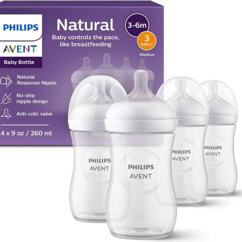 Philips Avent Natural Baby Bottles with Natural Response Nipples (Medium Flow, Flow 3), 9oz, 4-Pack, SCY903/04