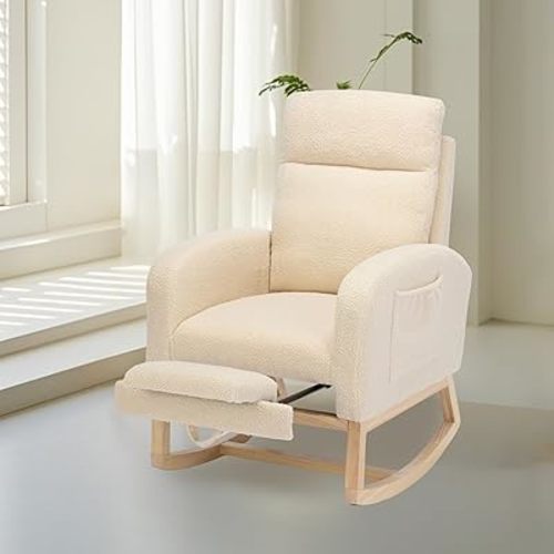 Nursery Rocking Chair with Adjustable Footrest for Living Room,Teddy Fabric Rocking Chair with Solid Wooden Legs,Comfortable Lounge Armchair with Side Pockets and High Backrest(Beige,Taddy)