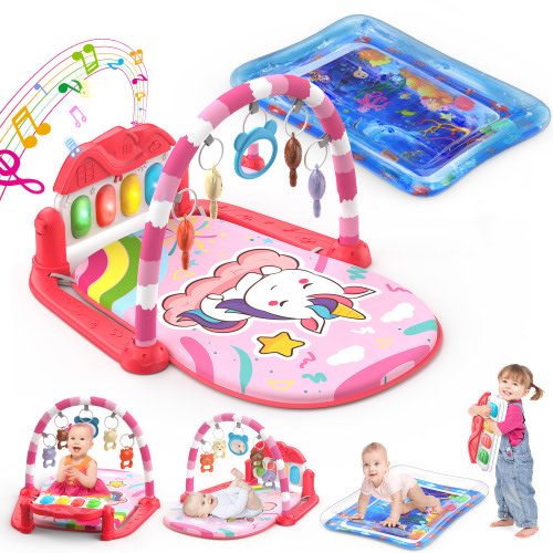 WonderStone 2 in 1 Baby Gym Playmat with Tummy Time Water Mat, with 5 Infant Sensory Baby Toys and Funny Play Piano, Boys and Girls Newborn Baby Gift 0-12 Month (Red)