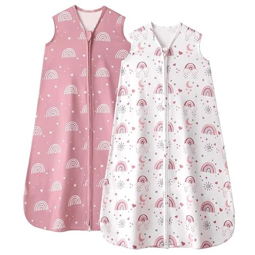 Baby Sleep Sack 0-6 Months, 0.5 TOG Wearable Blanket for Baby Boy and Girl, 2-Way Zipper Newborn and Infant Sleeping Bag 2 Pack, Lightweight Sleep Sacks Pink Rainbow（Small）