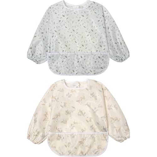 Little Dimsum Full Sleeved Feeding Bib 2 Pack,Baby & Toddler Waterproof Bib Apron,Food Protection Large Pocket Eating Smock 6-48 Months(Yellow Rabbit&Blue leaves)