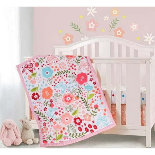 Sweet Baba Flower Crib Bedding Sets for Baby Girls , 3 PC Pink & Red Crib Set Including Crib Quilt/Crib Skirt/Crib Sheet