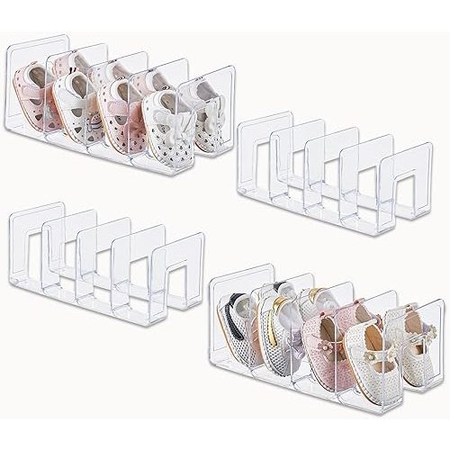 Clear Acrylic Kids Shoe Rack for Closet Organizers and Storage | 4 Pack Small Shoe Rack 4 Sections Toddler Baby Shoe Storage Organizer Stackable Shoe Shelf, Desk File Sorter Book Purse Organizer