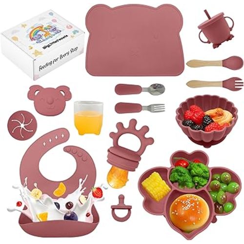 Silicone Baby Feeding Set - 14pcs, Baby Plates, Bowls, Utensils, Suction Plates for Baby & Toddler (Dark Pink)
