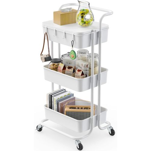 Pipishell 3 Tier Rolling Cart with Table Top, Utility Cart with Wheels & 4 Hooks, Rolling Storage Cart for Home Storage and Organization, White, PIUC09W