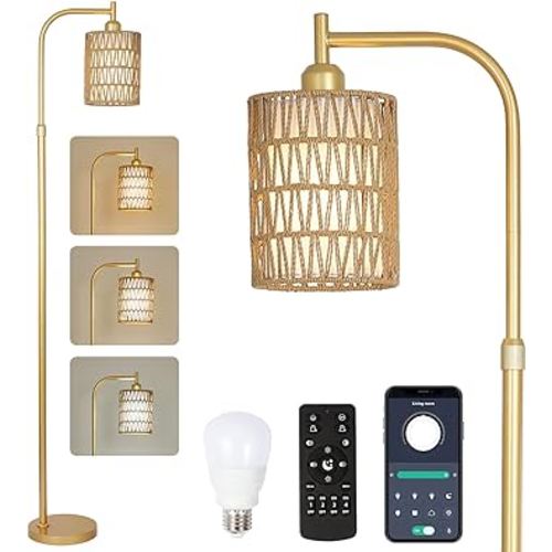 Modern Gold Floor Lamps for Living Room, Boho Rattan Floor Lamp with Remote & Dimmable LED Bulb, Farmhouse Standing Lamp with Rattan Shades, Minimalist Tall Pole Lamp for Bedroom Office