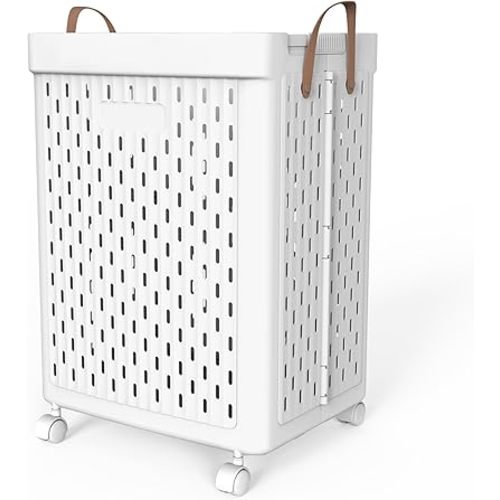 UAK Laundry Basket with Wheels, Collapsible Plastic Laundry Hamper with Handle, Foldable Laundry Basket Organizer for Laundry and Bathroom (White, Large)