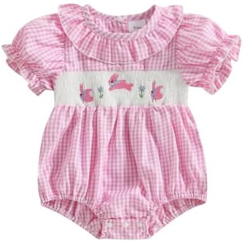 Baby Girl Easter Outfit Bunny Embroidery Bubble Romper Ruffle Short Sleeve Plaid Bodysuit Smocked Baby Clothes