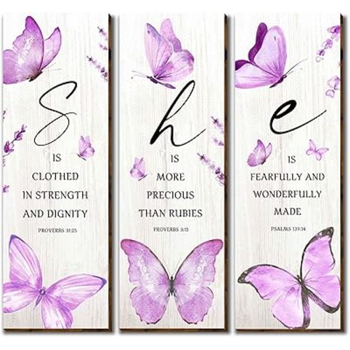Vagafilla 3 Pieces Modern Purple Butterfly Wooden Wall Decor, Inspirational Saying with Christian Quotes Wood Sign, Hanging Motivational Wall Plaques for Women Girl Teen Living Room Bedroom-33