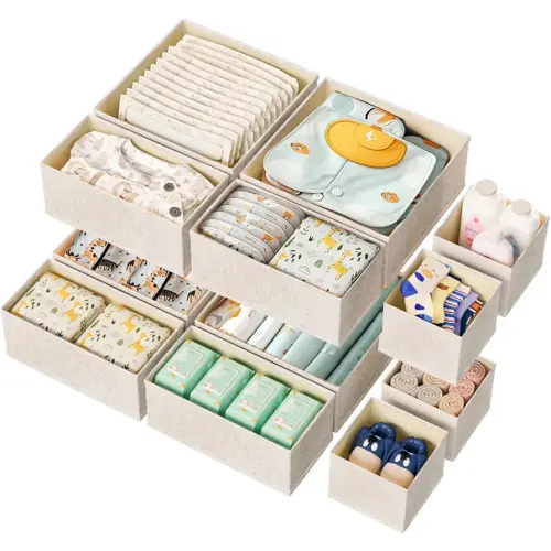 12 Pack Drawer Organizer for Baby Clothes, Linen Fabric Nursery Organizer for Baby Diaper, Collapsible Deep Fabric Drawer Organizer with Zipper for Socks, Bra, Towels, Ties, Beige