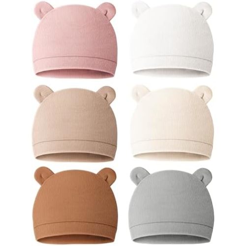 Konssy 6 Pack Baby Newborn Hats Set Bear Ears Beanie Hats Soft for Infant Baby Girls Boys Caps 0-3 Months