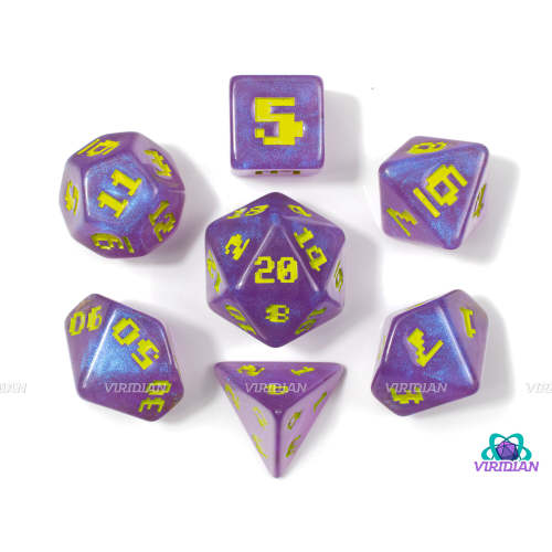 Space Invader | Retro Video Game Font, Shimmery Purple and Yellow-Green | Resin Set (7), Optional Modern Power-Up D4s