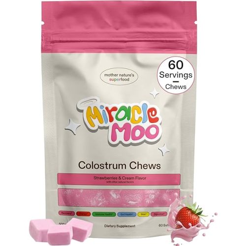Colostrum Chews Supplement for Gut Health, Bloating, Immune Support, Skin, Hair Growth and Beauty - Grass Fed Bovine Powder - Strawberry Flavor (60 Servings)