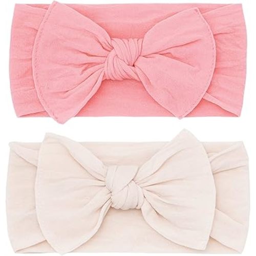 Baby Bling Bows - Newborn to Little Baby Girl, 2 Pack Nylon Super Soft Stretchy Knot Headbands (Zinnia & Oatmeal)
