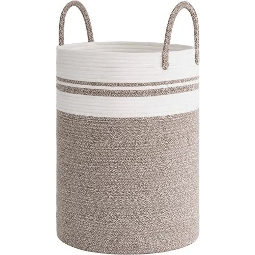 CHICVITA Baby Nursery Laundry Hamper, Tall Woven Rope Laundry Basket with Handle for Clothes, Towels, Toys, Blankets, Jute Basket Decor for Living Room, 15 x 20 inches, 58L White & Brown