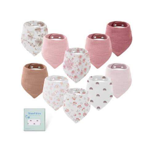 Yoofoss Muslin Baby Bibs 10 Pack 100% Organic Cotton 6-Layer Soft Absorbent Drool Bandana Baby Bibs for Drooling and Teething for Boys and Girls, Pink Flower