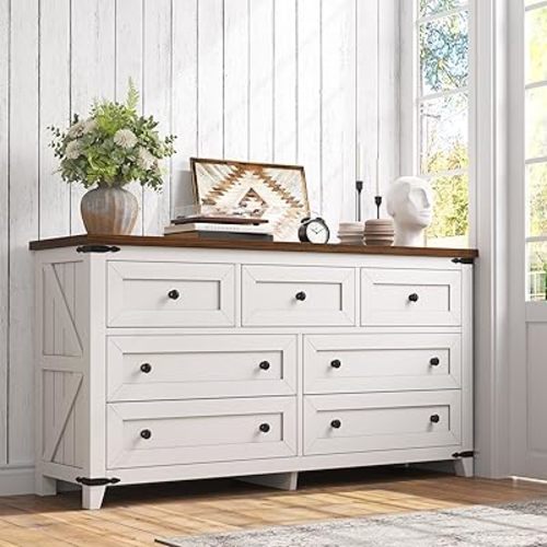 EnHomee Dresser for Bedroom with 7 Drawers White Dresser with Smooth Metal Rail TV Stand for Bedroom, Hallway, Closet, 15" D x 51.2" W x 31.5" H, Antique White