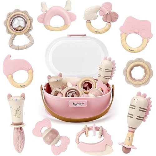 Baby Toys 0-6 Months, Baby Rattles, Teething Toys 3-6 Months, Infant Toys 6-12 Months, 10PCS Pink Sensory Rattles & Teethers with Storage Box, Newborn Shower Gift Girl