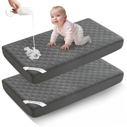 BEDLORE Waterproof Mattress Protector Crib, 2 Pack Soft Gray Mattress Pad, Noiseless Machine Washable Mattress Cover, Ultimate Protection for Your Baby's Crib Toddler Bed (52''x28'')