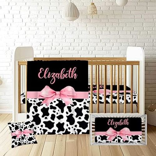Personalized Baby Crib Bedding Sets for Girls – Custom Name 3 Pcs Pink Bow with Cow Print Nursery Set with Soft Blanket, Fitted Sheet & Pillowcase for Newborn or Infant Gift