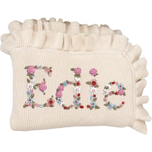 Personalized Floral Embroidered Name Blanket – Soft Cotton Knit Newborn Blanket, Custom Keepsake Gift, Cozy Cover for Girls, Unique Shower Present