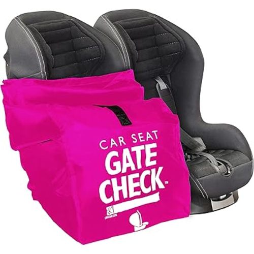 J.L. Childress Gate Check Bag for Car Seats - Travel Bag for Airplane - Includes AIRTAG Holder - Fits All Baby Car Seats, Infant Carriers & Child Booster Seats, Neon Pink