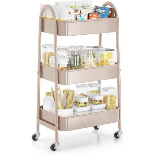 EAGMAK 3 Tier Rolling Cart, Large Metal Storage Cart with Handle and Lockable Wheels, Big Multifunctional Storage Organizer Trolley with Mesh Baskets for Kitchen, Living Room, Office, Garage (Beige)