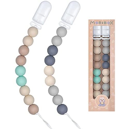 Pacifier Clips for Boys - MORIBOX Silicone Teething Beads Paci Clip Baby Binky Holder Soothie Teethers Toys for Shower Gift Christmas 2 Pack