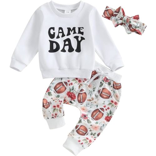Mandizy Baby Girl Clothes Set Fall 3 6 9 12 18 24 Months Long Sleeve Sweatshirt & Floral Print Pants & Headband Outfits - 0-6 Months - White Football