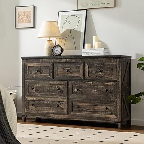 EnHomee Farmhouse 7 Drawers Dresser for Bedroom 51" Wide Wood Dressers and Chests of Drawers with Texture for Hallway, Closet, Dark Rustic Oak