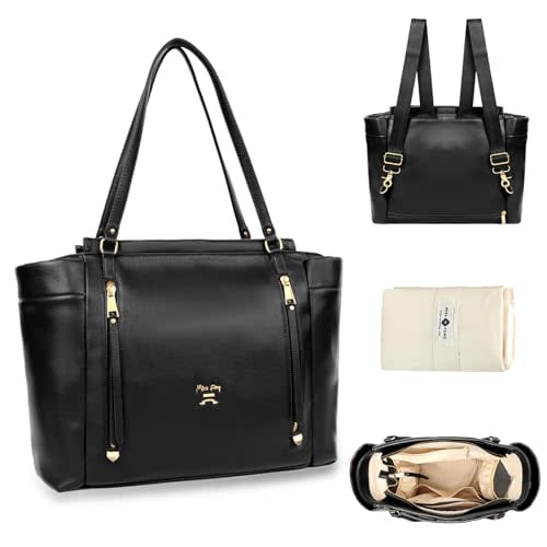 miss fong Diaper Bag Tote Leather Diaper Bag Backpack,Large Capacity Mommy Bag Hospital Bag,12 Pockets Travel Diaper Tote with Changing Pad,Stroller Straps & Insulated Pockets for Mom & Dad-Black