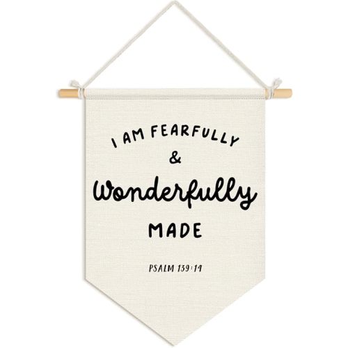 Wheatwin Christian Nursery Decor, I Am Fearfully and Wonderfully Made Wall Hanging Pennant Flag Banner, Bible Verse Wall Decor for Kids Nursery Toddler Room Bedroom Playroom 15x11 Inch