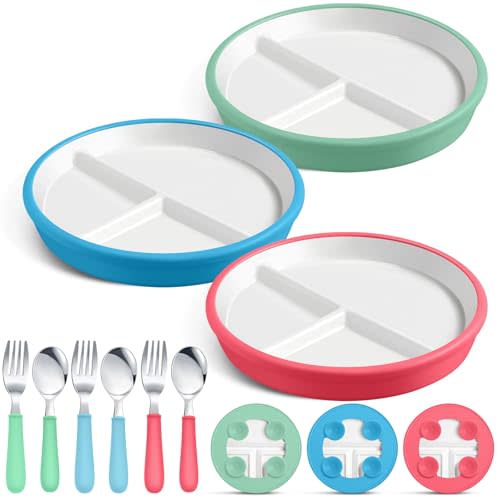 Teenyyou 3 Pack 8" Large Porcelain Toddler Plates Feeding Set, Ceramic Kids Suction Plates with Anti Slip Silicone Sleeve for Baby 3 Spoons and Forks Divided Kids (Peach,Green,Light Blue)