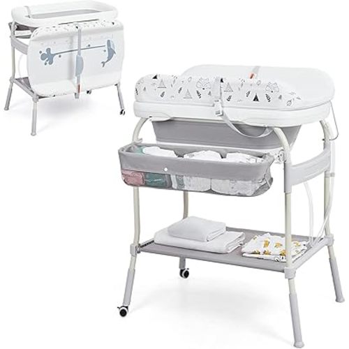 Baby Bathtub with Changing Table, GAOMON Removable Bath Tub Unit w/Soft Cushion, Temperature Display, Infant Diaper Dresser Station w/Wheels, Waterproof Pad, Baby Bathtub with Stand for Newborn, Gray