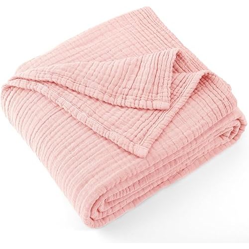 Carriediosa 100% Cotton Muslin Throw Blanket 50" X 70" Throw XL Size，4-Layers Summer Gauze Throws for Bed Couch，Soft Lightweight Breathable Linen Blankets Bedspread for Adults All Season，Dusty Pink