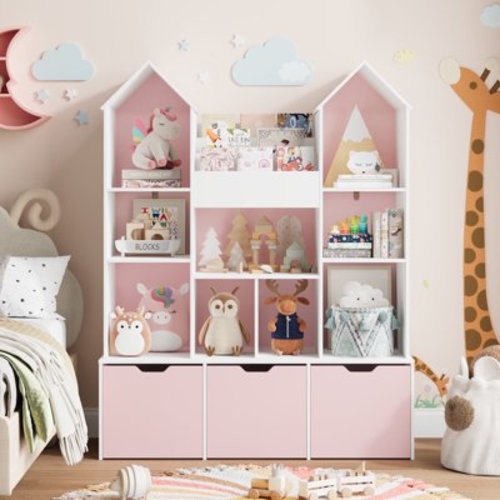 Hiphuta Kid’s Toy Storage Organizer with 3 Removable Drawers, Children's Bookcase with Book Rack for Playroom, Pink