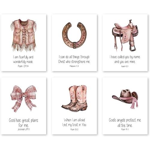 ACIYQHI Pink ​Bible Verses Canvas Wall Art Prints,Western Cowgirls Art Posters,Nursery Scripture Wall Decor Kids Room Christian Decoration,Set of 6 (8"x10",Unframed).