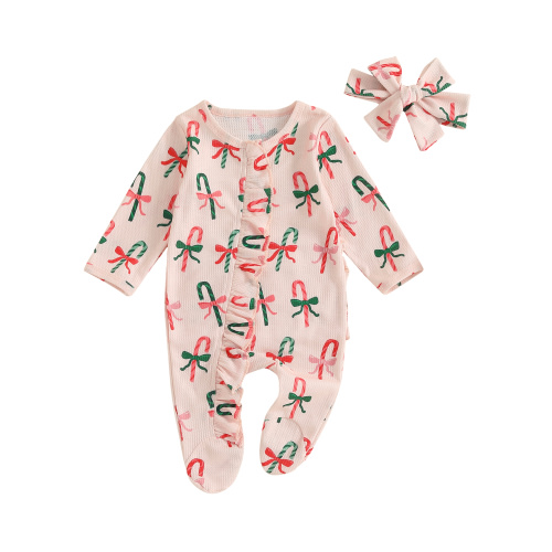 Newborn Baby Girl Christmas Outfits Ruffle Zipper Footie Romper Long Sleeve Jumpsuit Headband Set Cute Xmas Clothes