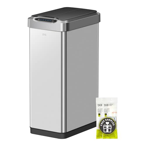 EKO Phantom-T 50 Liter / 13.2 Gallon Vertical Motion Sensor Trash Can, Brushed Stainless Steel Finish
