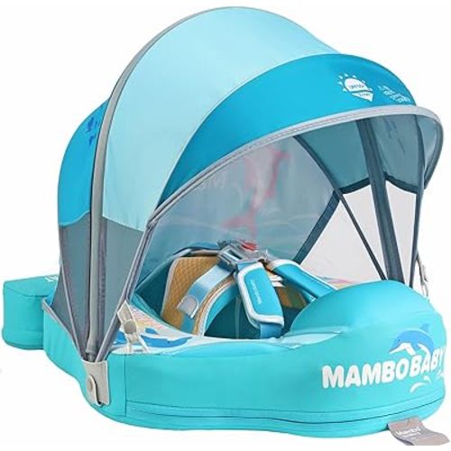Mambobaby Float with Canopy and Tail New Upgraded Non-Inflatable Baby Pool Float Mambo Float Swim Trainer Solid Infant Swim Float Adjustable Pearl Foam Baby Swim Ring