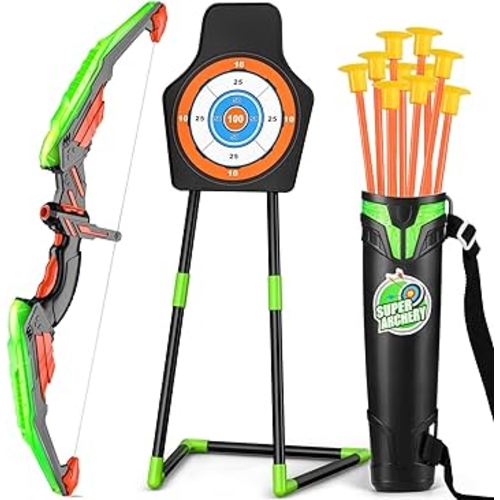 TEMI Bow and Arrow Set for Kids with LED Lights-Archery Set with 10 Suction Cup Arrows, Quivers & Standing Target, Outdoor Toys for Kids Boys & Girls Ages 3-12 Years Old