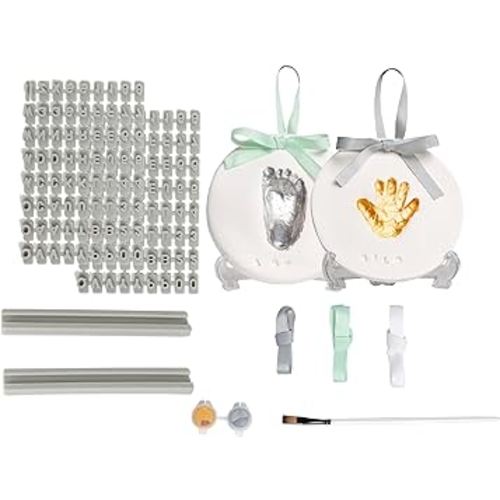 Pearhead Deluxe Clay DIY Handprint And Footprint Keepsake Set of 2, Personalize Ornament with Letter & Number Stamps, Newborn Gift, No Mess Air Dry Clay Ornament