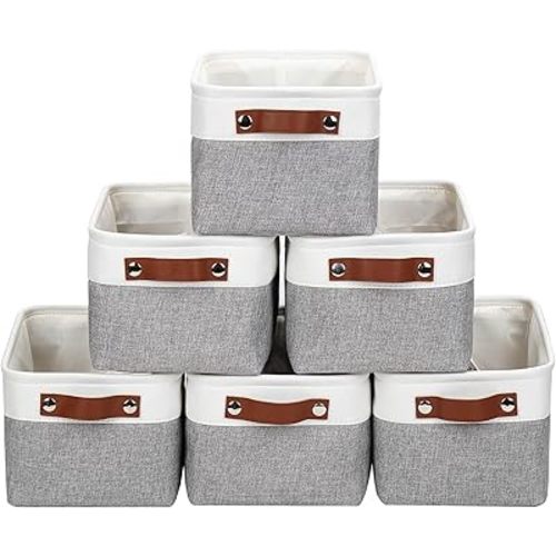 Small Storage Basksts with PU Handle - 12*8*6 inch Decorative Fabric Storage Bins, Foldable Linen Closet Cubes, Organizer Container for Home, Shelves, Nursery, Dorm, Gift (Grey&White)