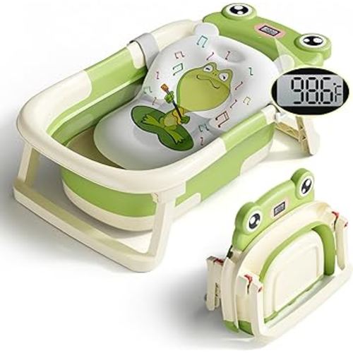 Collapsible Baby Bathtub,Foldable Infant Bathtub for Newborn to Toddler with Soft Cushion and Thermometer,Portable Travel Baby Bath Tub, Durable Newborn Bath Tubs with No-Slip Feet (Green)